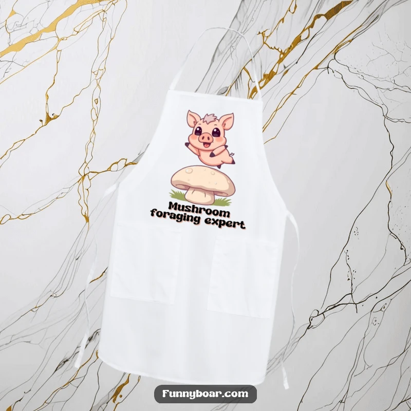 Funny Apron: A tiny, happy boar with large eyes leaps over a big mushroom, making it a cheerful kitchen accessory.