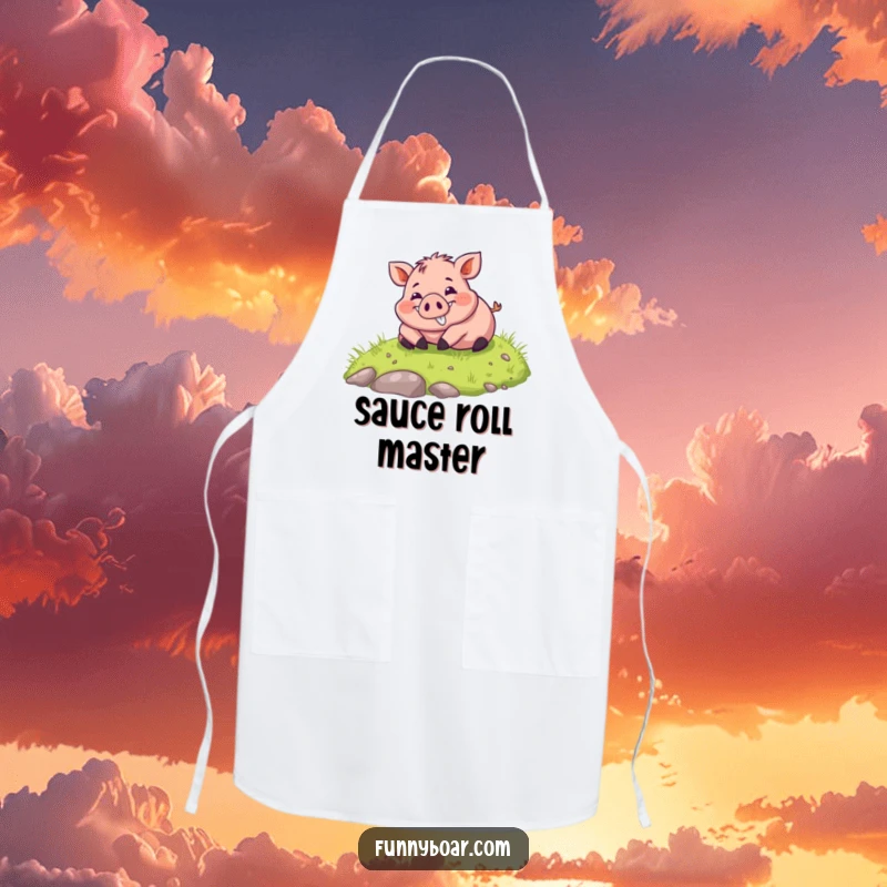 Funny Apron: A chubby boar with a wide smile happily rolls down a grassy hill, a cheerful kitchen accessory.