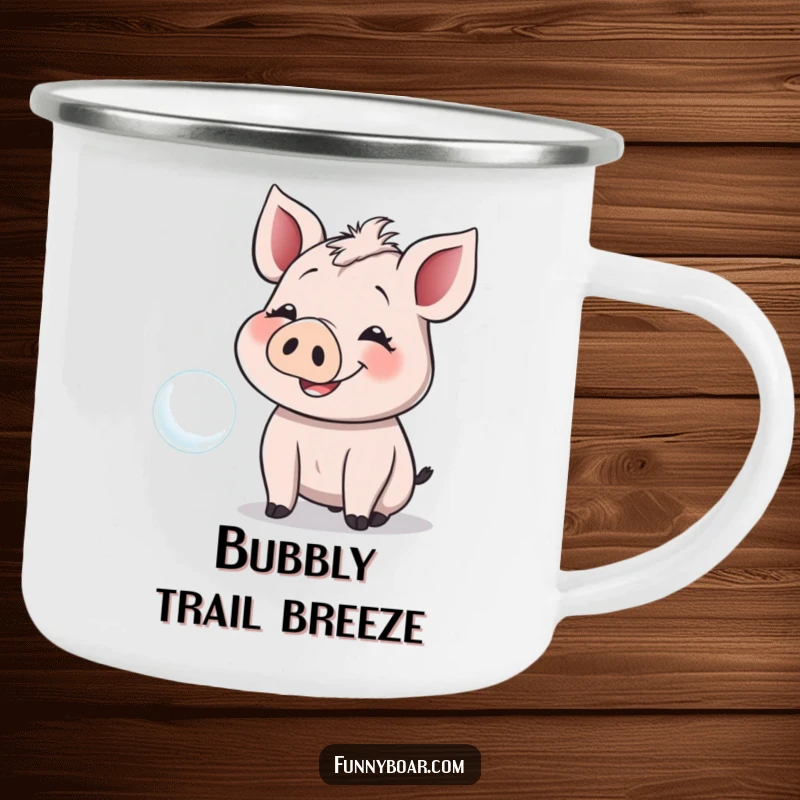 Funny Camping Mug: A smiling boar with floppy ears giggles while reaching for a floating bubble, designed for outdoor fun.