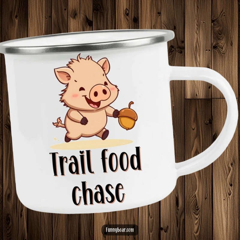 Funny camping mug: A stout, short-legged boar energetically pursues a bouncing acorn in a rugged outdoor setting, full of humor.