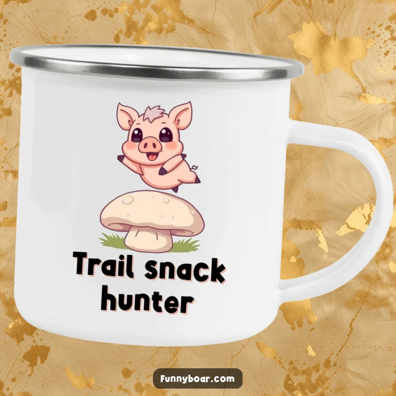 Funny Camping Mug: A small boar with big eyes joyfully jumps over a mushroom, designed for outdoor fun and smiles.