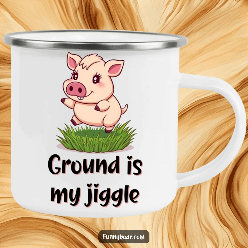 Funny camping mug: A portly boar with sparkling eyes bounces energetically on a springy patch of grass, perfect for outdoor enjoyment.