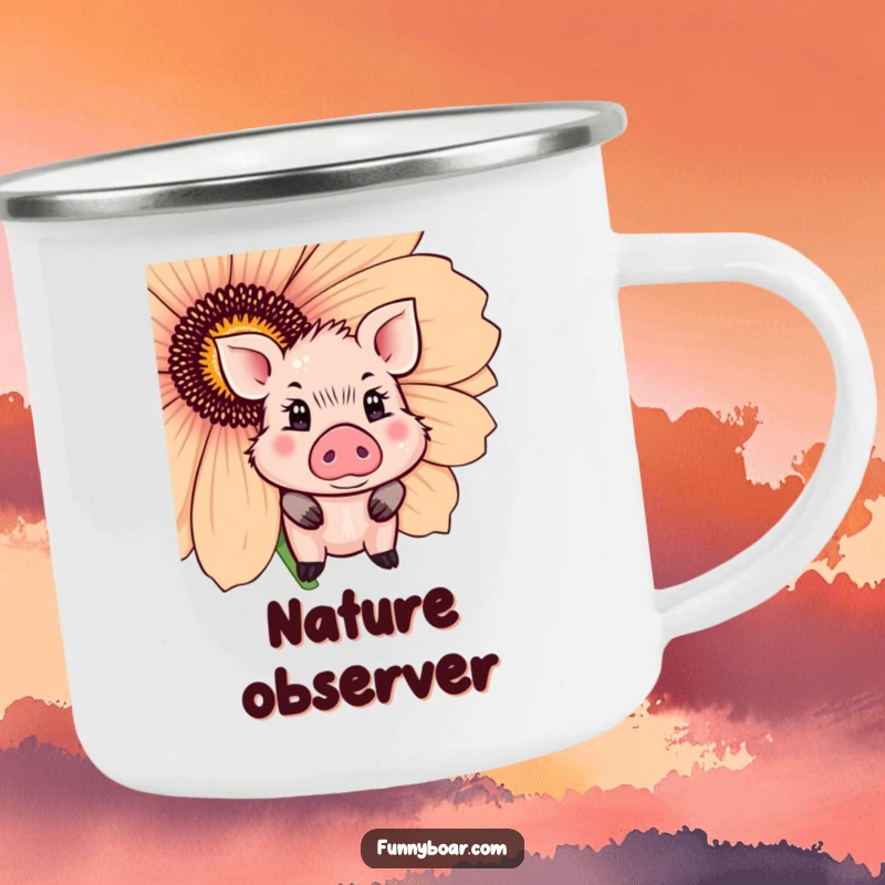Funny Camping Mug: A cute boar with sparkling eyes shyly peeks from behind a large flower, designed for gentle adventures.