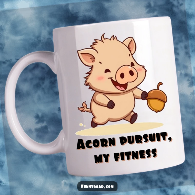 Funny mug: A stout, short-legged boar excitedly chases a bouncing acorn up a tree, expressing pure, unadulterated joy and determination.