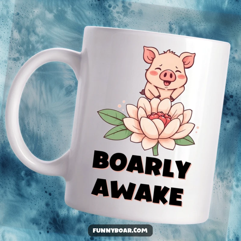 Funny mug depicting a tiny, round, rosy-cheeked boar joyfully leaping over a large, smiling flower, celebrating nature's fun.