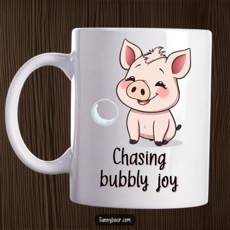 Funny Mug: A smiling boar with floppy ears happily giggles while reaching for a floating bubble, full of innocent fun.