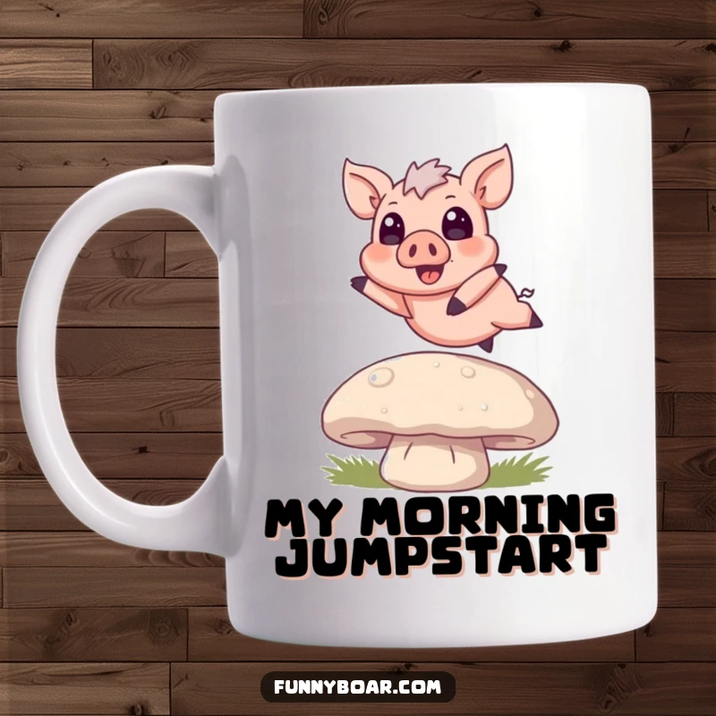 Funny Mug: A tiny, wide-eyed boar joyfully oinks while jumping over a giant mushroom, showcasing pure happiness and charm.