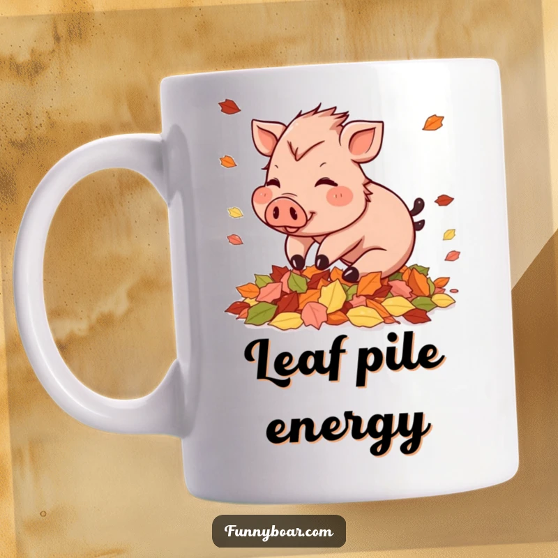 Funny Mug: A small boar with rosy cheeks playfully tumbles into a vibrant pile of autumn leaves, pure seasonal joy.