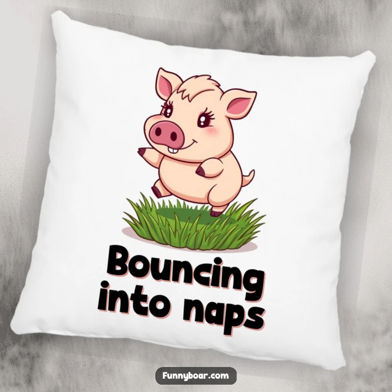 Funny pillow: A portly boar with sparkling eyes bounces joyfully on a springy tuft of grass, offering a soft and cheerful accent.
