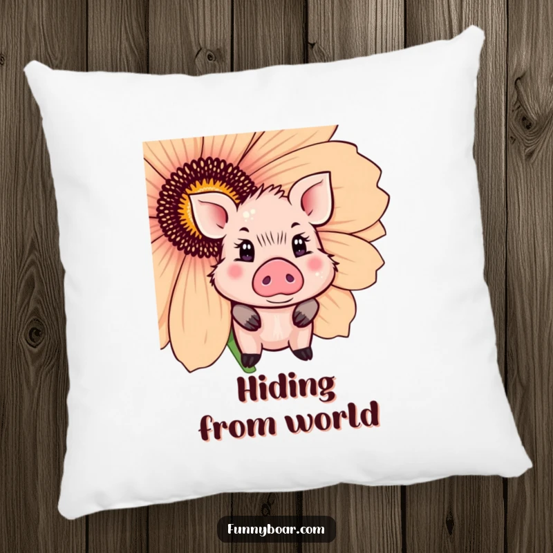Funny Pillow: A cute boar with sparkling eyes shyly peeks from behind a giant flower, soft and huggable.