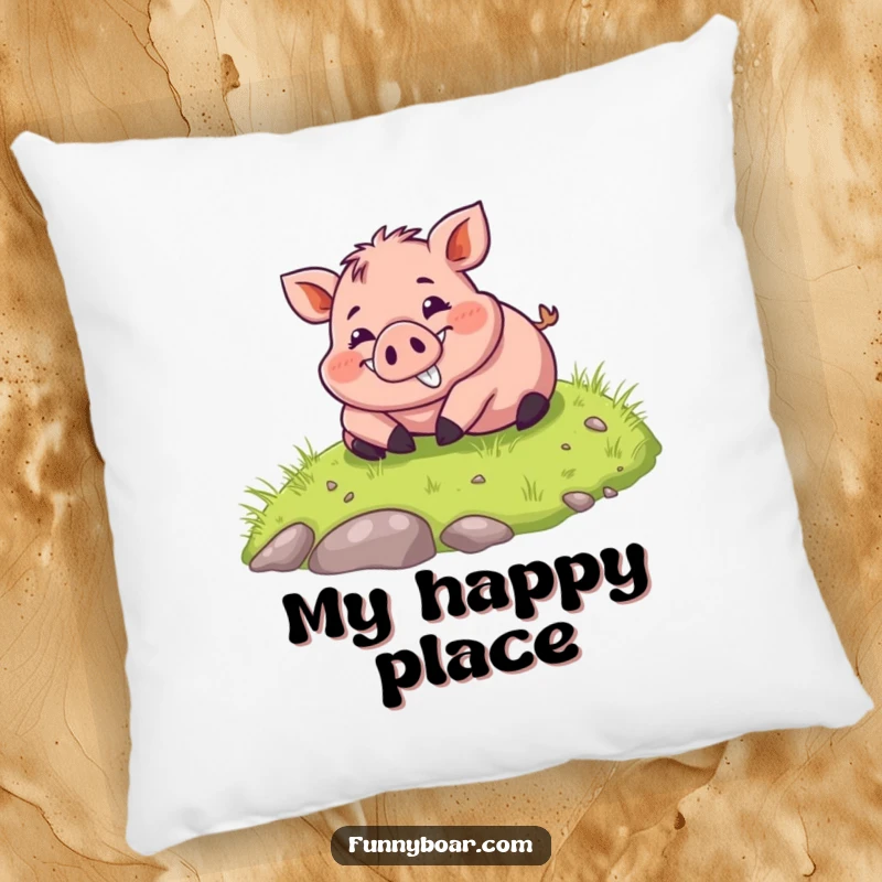 Funny Pillow: A chubby boar with a beaming smile happily rolls down a grassy slope, soft and inviting.