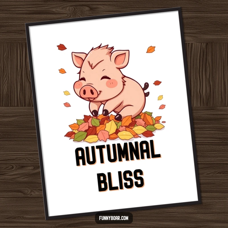Funny Digital Art Print: A rosy-cheeked small boar playfully tumbles into a pile of autumn leaves, vibrant and cheerful.