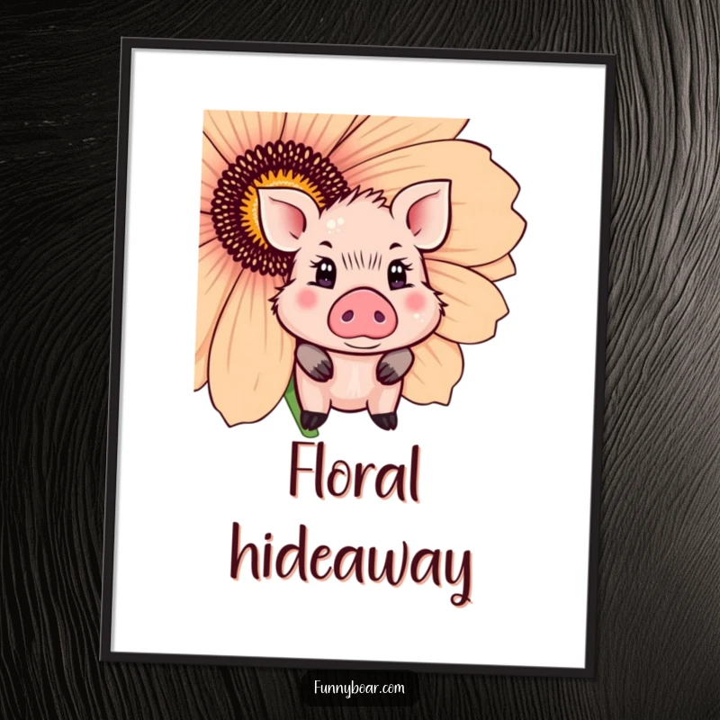 Funny Digital Art Print: A cute boar with sparkling eyes shyly peeks from behind a large flower, delicate and charming.