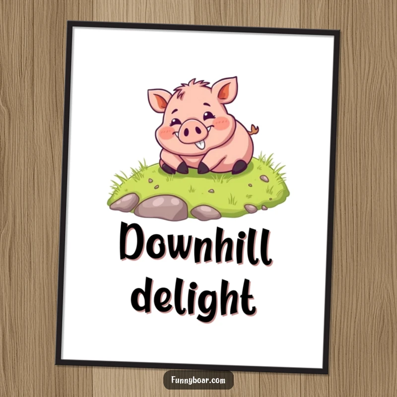 Funny Digital Art Print: A chubby boar with a huge smile joyfully rolls down a green grassy hill, full of life.