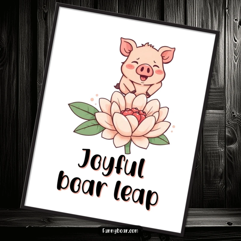 Funny digital art print of a tiny, rosy-cheeked boar joyfully leaping over a large, smiling flower, ready for printing.