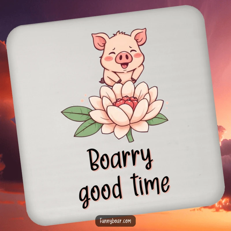 Funny drink coaster featuring a tiny, rosy-cheeked boar joyfully leaping over a large, smiling flower, protecting surfaces.