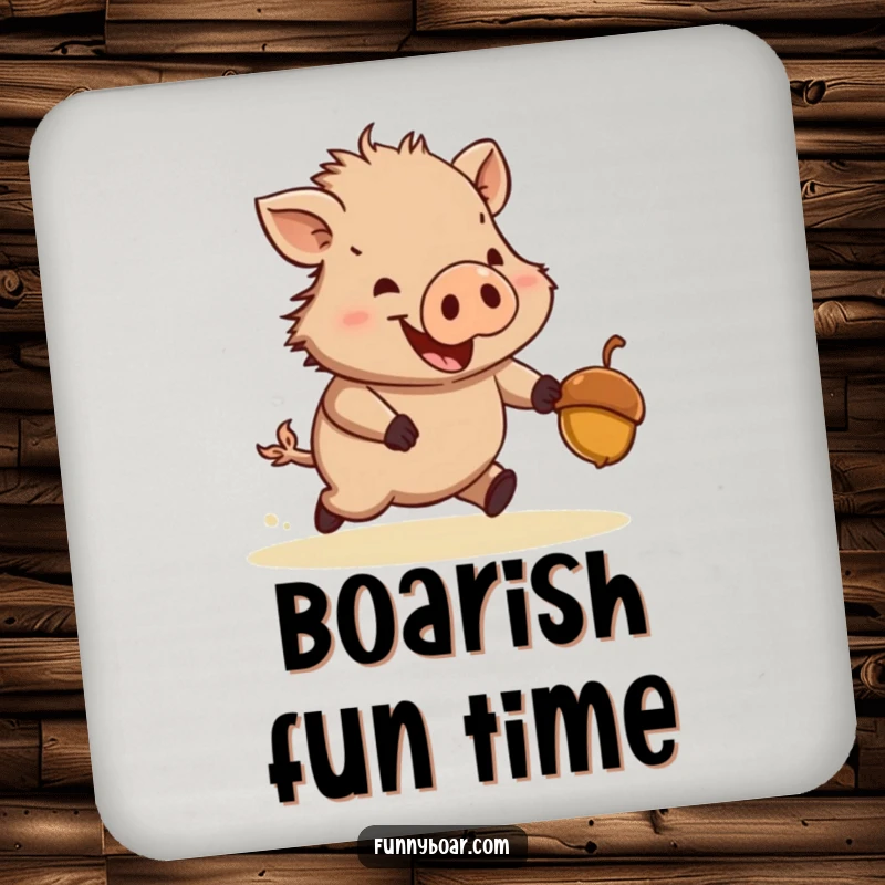 Funny coaster: A stout, short-legged boar humorously chases a bouncing acorn, designed to protect surfaces with a smile.