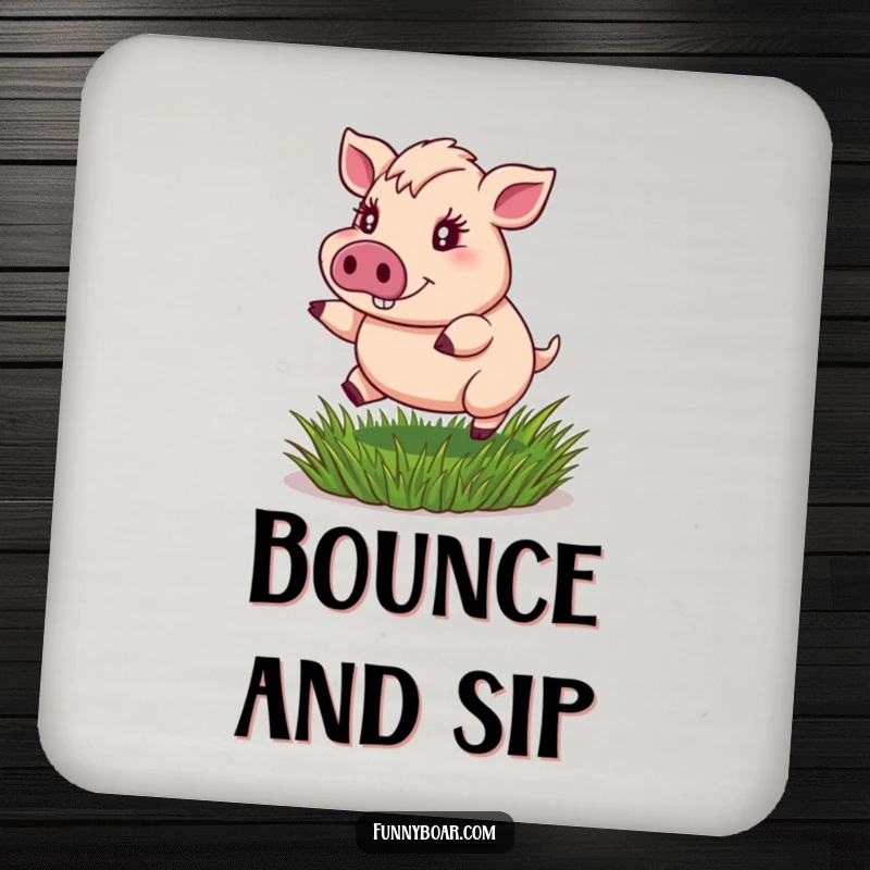 Funny coaster: A portly boar with sparkling eyes bounces joyfully on a springy tuft of grass, protecting surfaces with humor.