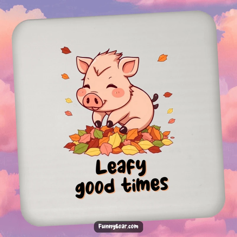 Funny Coaster: A rosy-cheeked small boar playfully tumbles into vibrant autumn leaves, preventing rings with cheer.