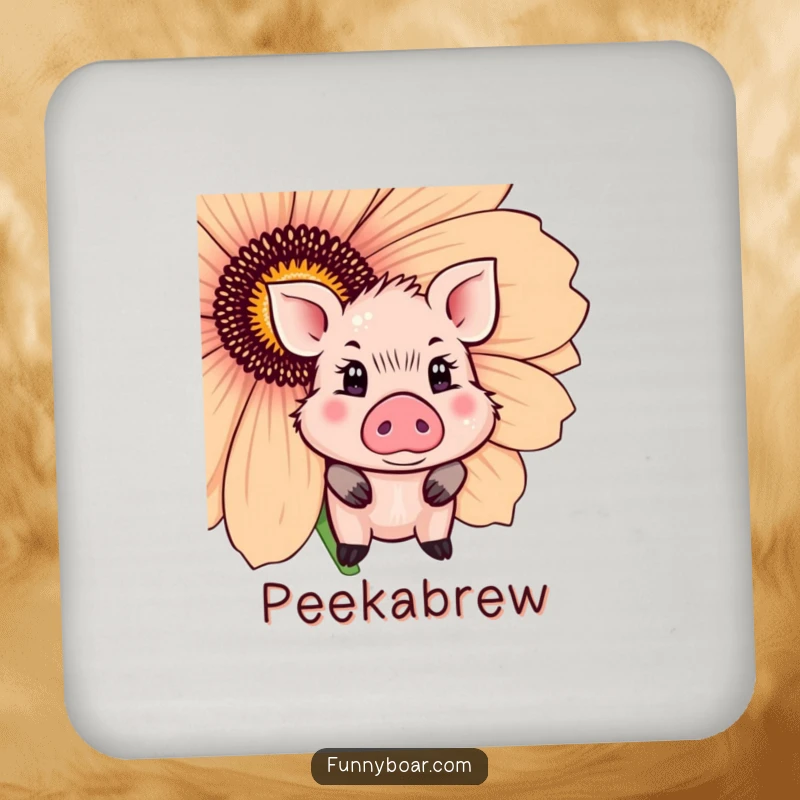 Funny Coaster: A cute boar with sparkling eyes shyly peeks from behind a giant flower, preventing rings with charm.