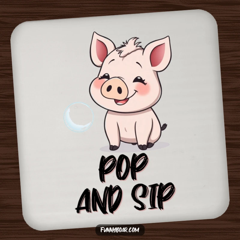 Funny Coaster: A smiling boar with floppy ears giggles while reaching for a floating bubble, preventing rings with cheer.