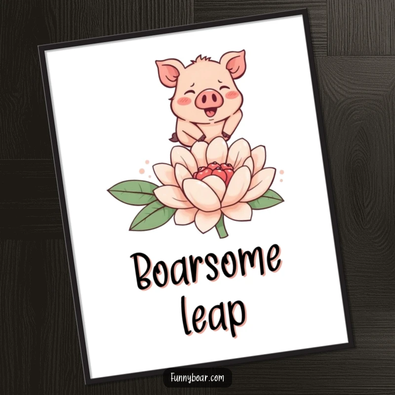 Funny poster print of a tiny, round, rosy-cheeked boar joyfully leaping over a large, smiling flower, perfect for wall decor.