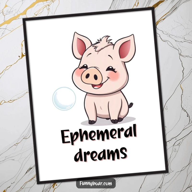 Funny Poster: A smiling boar with floppy ears joyfully giggles while reaching for a delicate floating bubble, full of wonder.