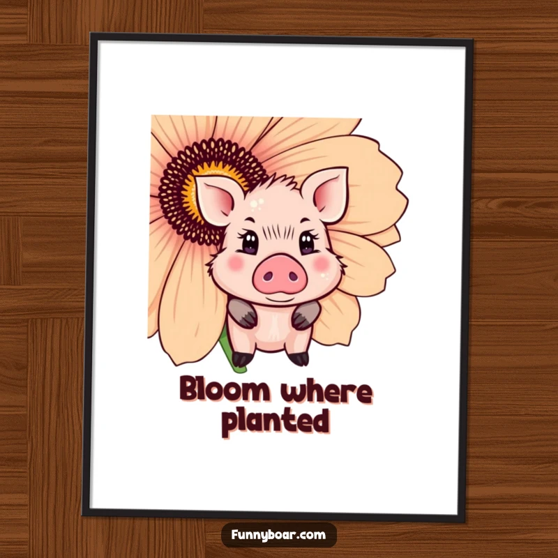 Funny Poster: A cute boar with sparkling eyes shyly peeks around a large flower, creating a heartwarming scene.