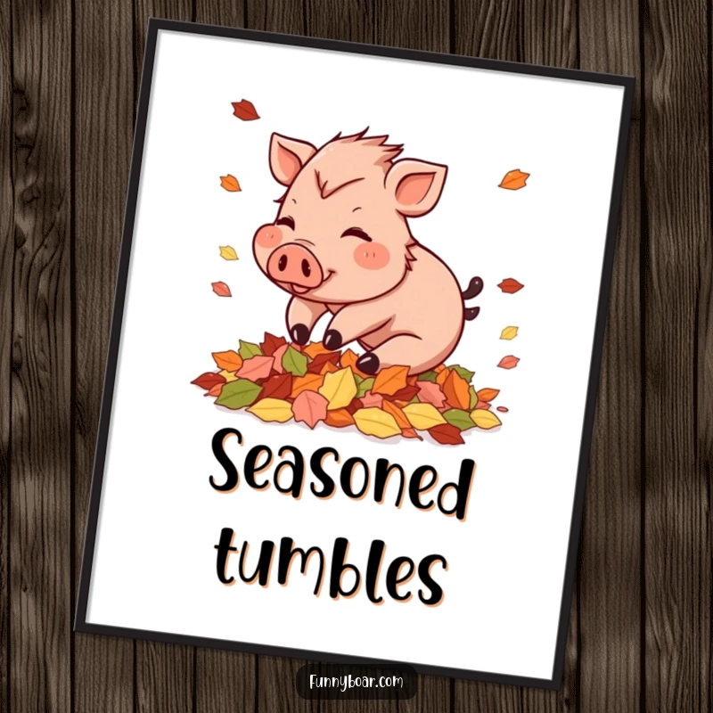 Funny Poster: A small boar with rosy cheeks is caught mid-tumble into a pile of vibrant autumn leaves, full of joy.