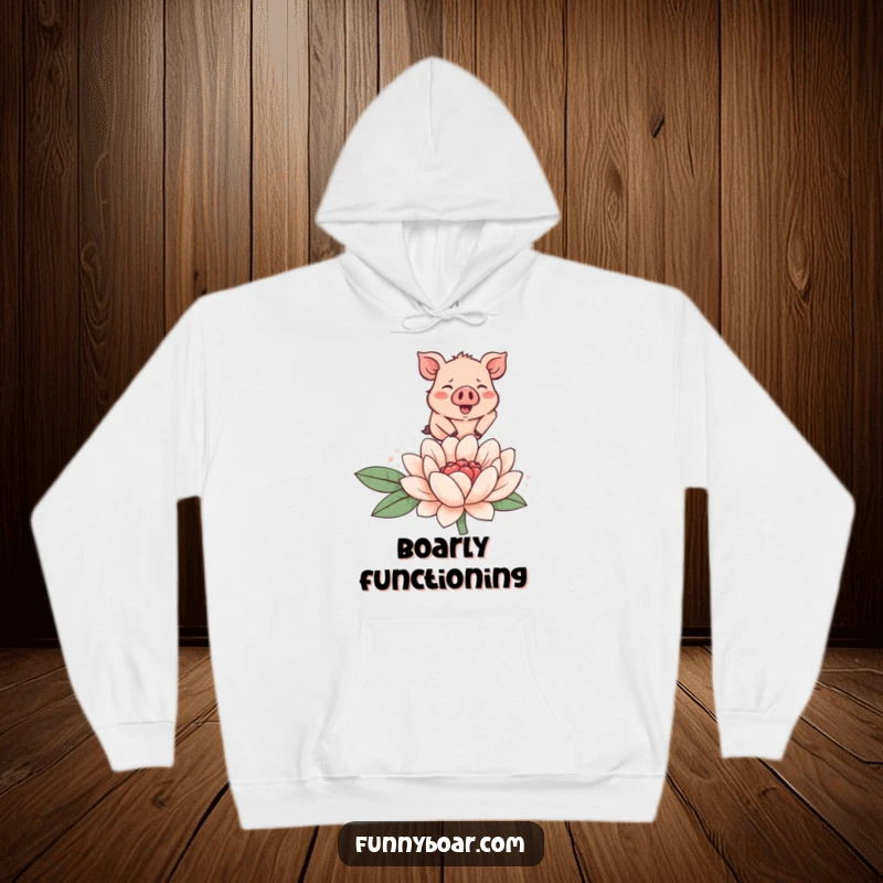 Funny hoodie featuring a tiny, round, rosy-cheeked boar joyfully leaping over a large, smiling flower, designed for ultimate coziness.
