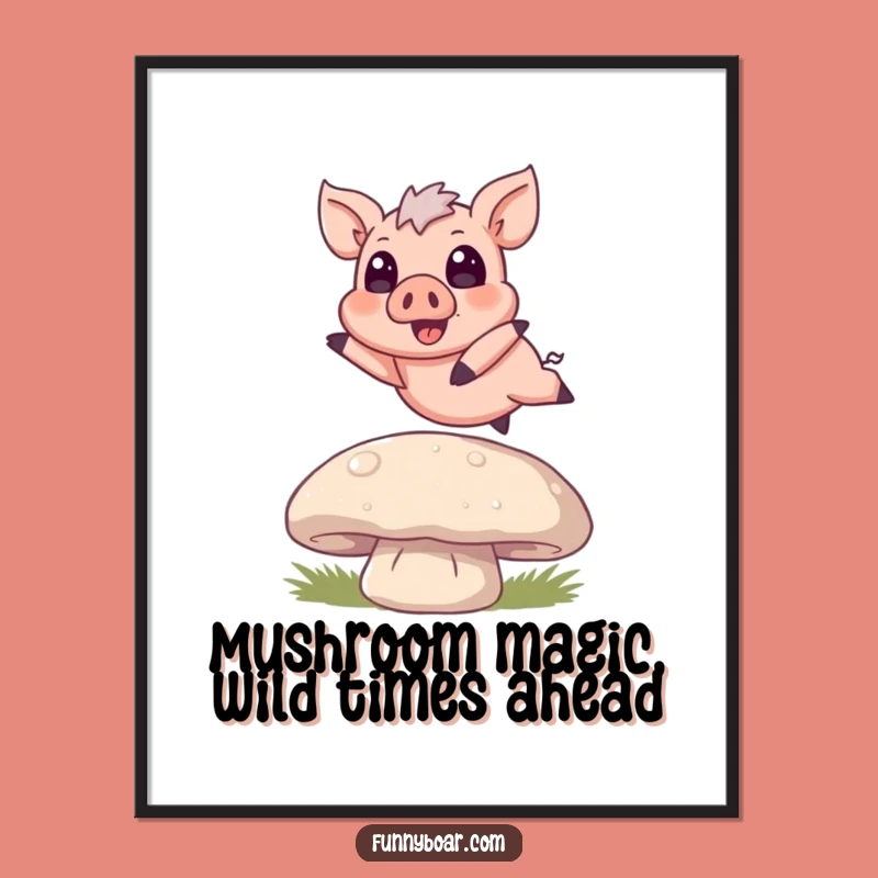 Funny Free Printable Wall Art: Joyful Boar Jumping Over Mushroom Downloadable Art