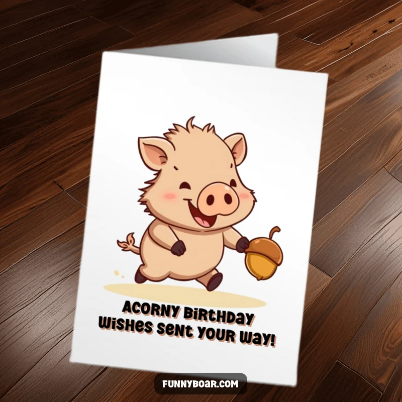 Funny Free Printable Birthday Card: Stout boar with short legs hilariously chasing a bouncing acorn with great enthusiasm.