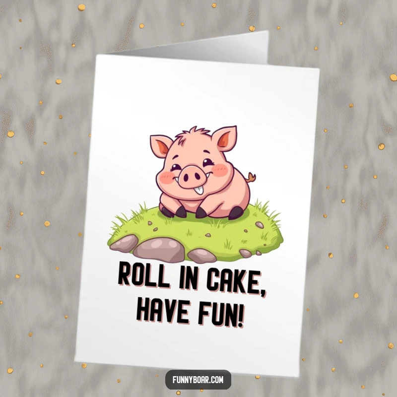 Funny Free Printable Birthday Card: Chubby boar with a wide smile happily rolling down a grassy hill.