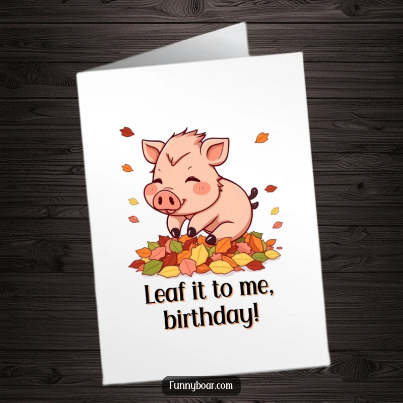 Funny Free Printable Birthday Card: Small boar with rosy cheeks playfully tumbling into autumn leaves.