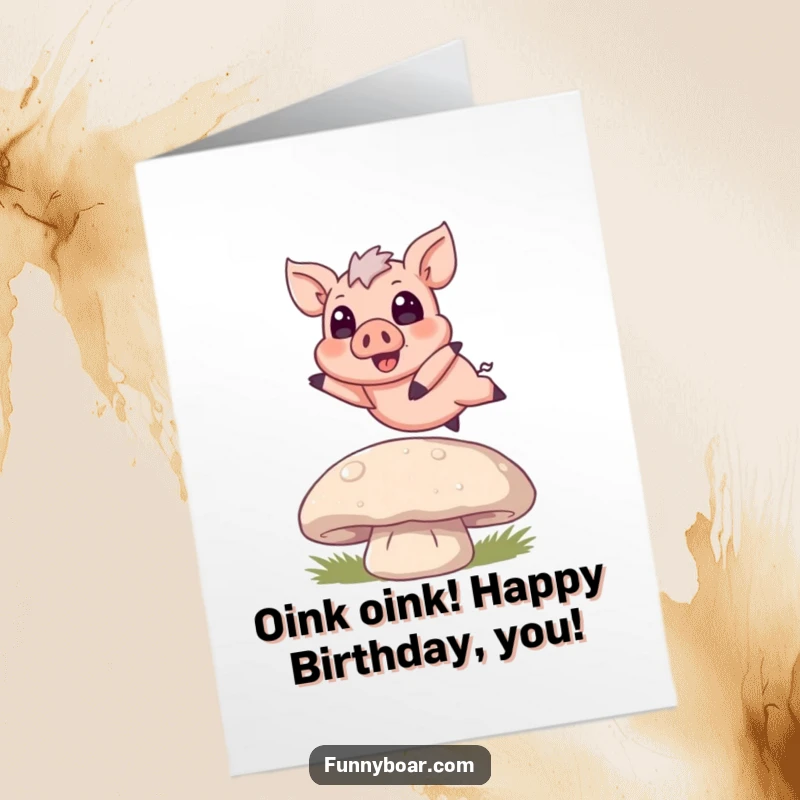 Funny Free Printable Birthday Card: Tiny boar with big eyes joyfully oinking over a mushroom.