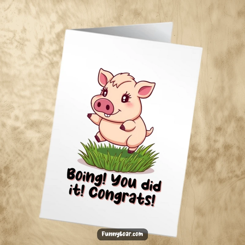 Funny Free Printable Congratulations Card: Portly boar with sparkling eyes joyfully bouncing on grass, celebrating a win.