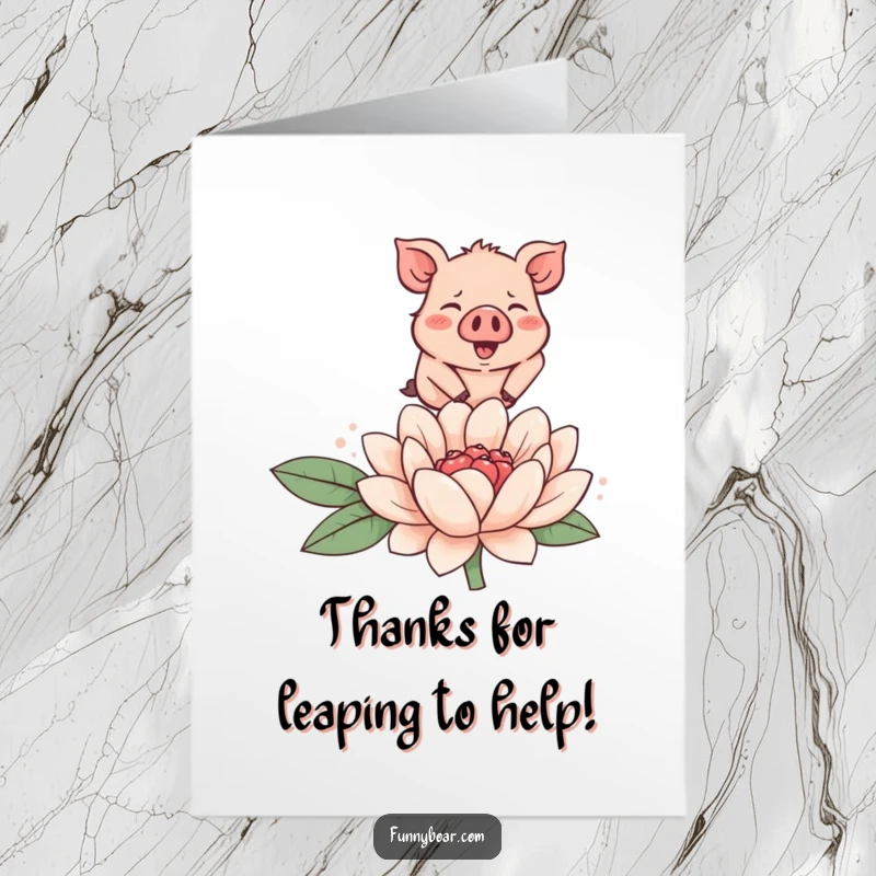 Funny Free Printable Thank You Card: A tiny, round boar with rosy cheeks joyfully leaps over a large, smiling flower.