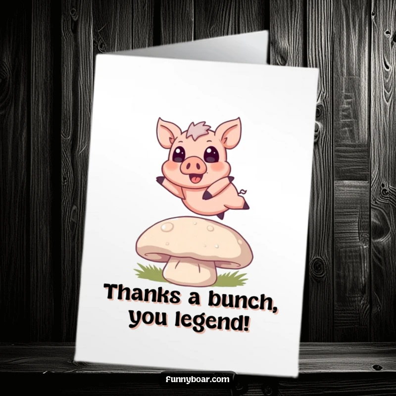 Funny Free Printable Thank You Card: Tiny boar with big eyes oinking with joy over a mushroom.