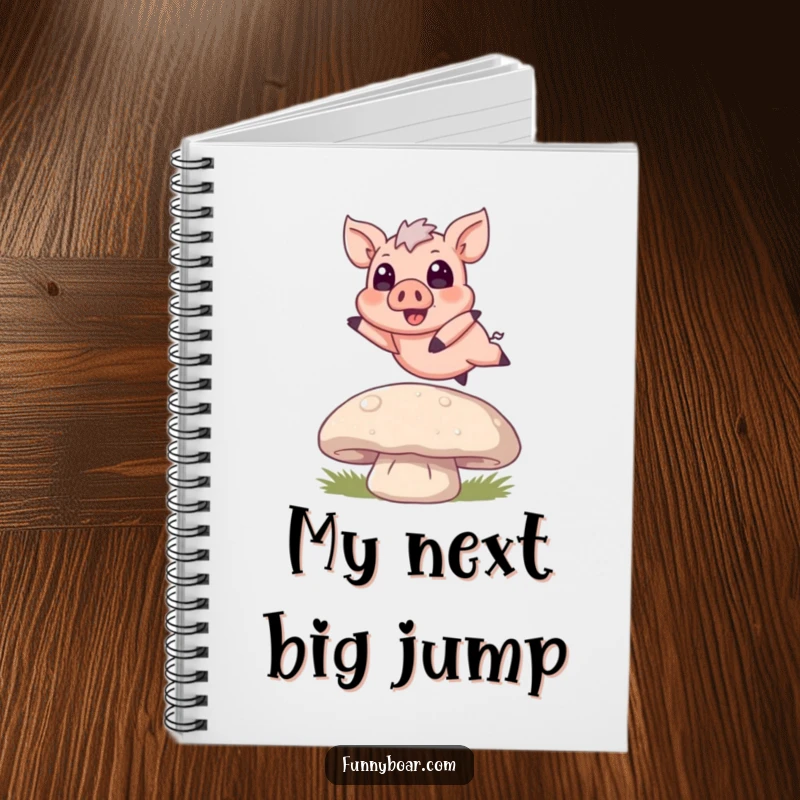 Funny Notebook: A delightful tiny boar with huge eyes happily jumps over a large mushroom, perfect for jotting down notes.