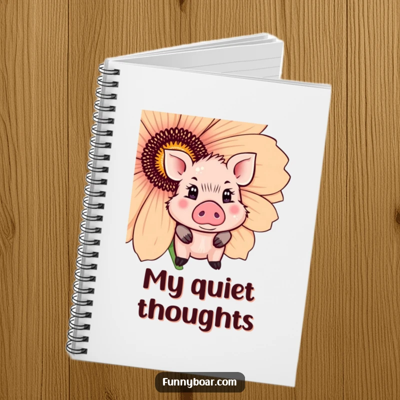 Funny Notebook: A cute boar with sparkling eyes shyly peeks from behind a giant flower, perfect for notes.
