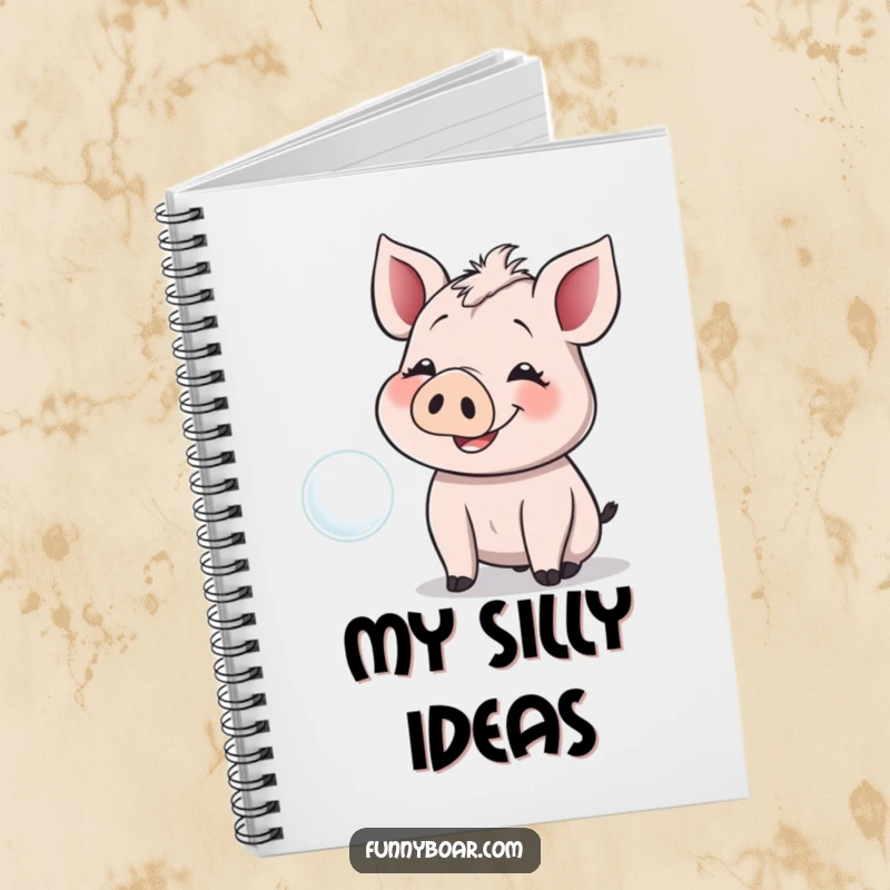 Funny Notebook: A smiling boar with floppy ears giggles while reaching for a floating bubble, perfect for notes.