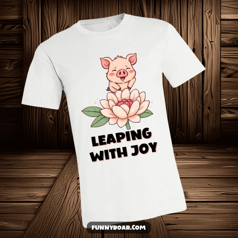 Funny t-shirt with a tiny, round, rosy-cheeked boar character joyfully leaping over a large, smiling flower, celebrating nature.