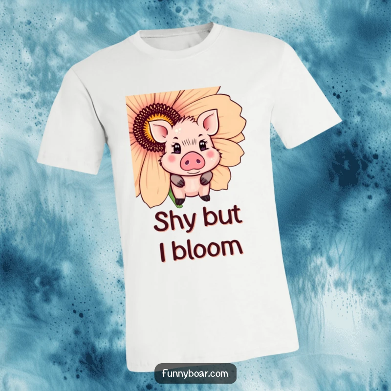 Funny T-Shirt: A cute boar with dazzling eyes shyly peeks around a giant flower, looking endearing and sweet.