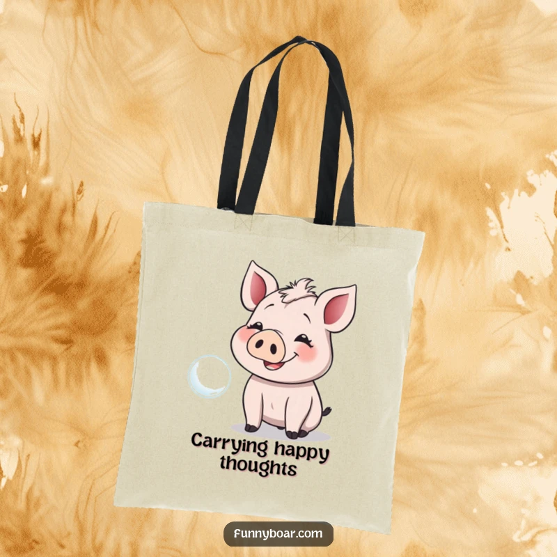 Funny Tote Bag: A smiling boar with floppy ears giggles while reaching for a floating bubble, a cheerful and practical bag.