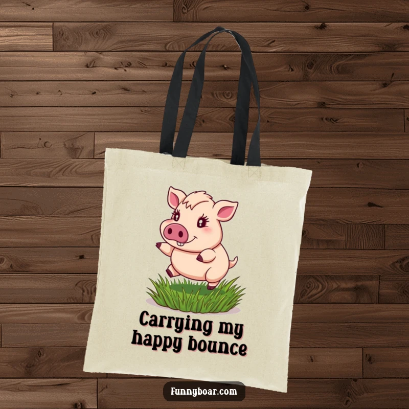 Funny tote bag: A portly boar with sparkling eyes bounces joyfully on a springy tuft of grass, perfect for everyday use.