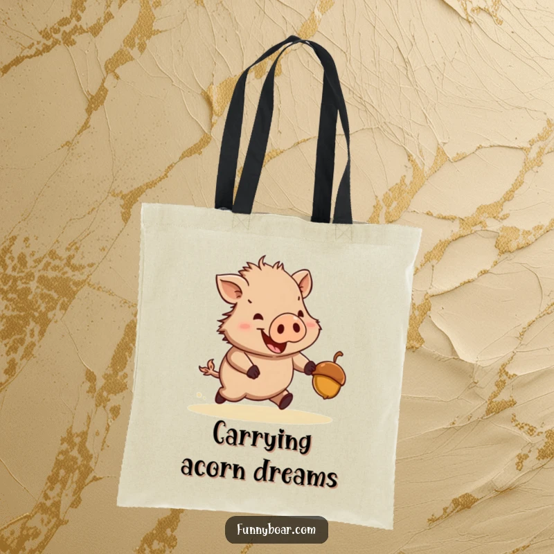 Funny tote bag: A stout, short-legged boar displays comical determination as it pursues a bouncing acorn, perfect for carrying everyday treasures.